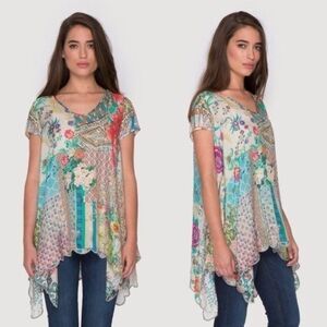 JOHNNY WAS 100% Silk Boho Floral Asymmetric Scalloped Hem Tunic Size Sma…